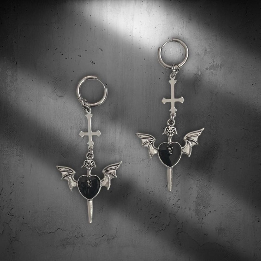 Gothic Bat Heart Dagger Inverted Cross Drop Earrings
